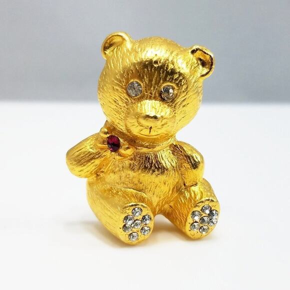 Gold Tone Teddy Bear Brooch Rhinestones Red Bow Vintage Figural Pin - Picture 3 of 10